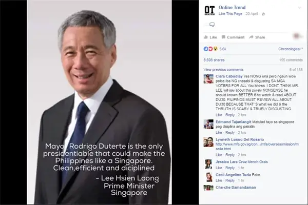 SG Government Denies Endorsement Duterte