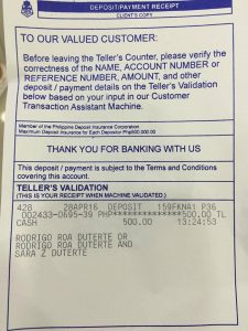 Deposit Slip Duterte BPI Secret Bank Account