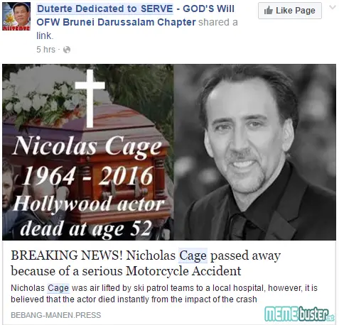 Nicolas Cage death hoax