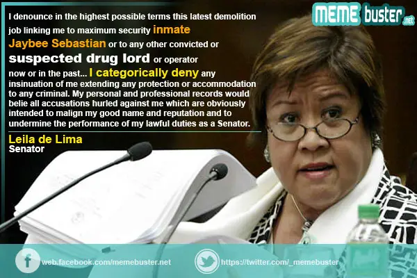Senator Leila de Lima Denies Links Criminals
