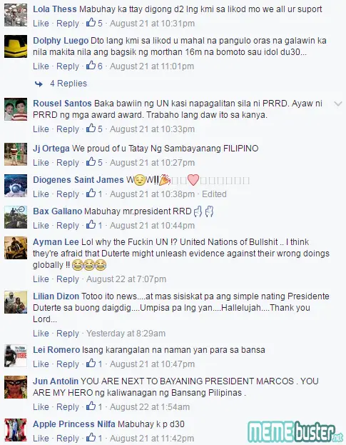 Comments on Duterte Worlds Best President