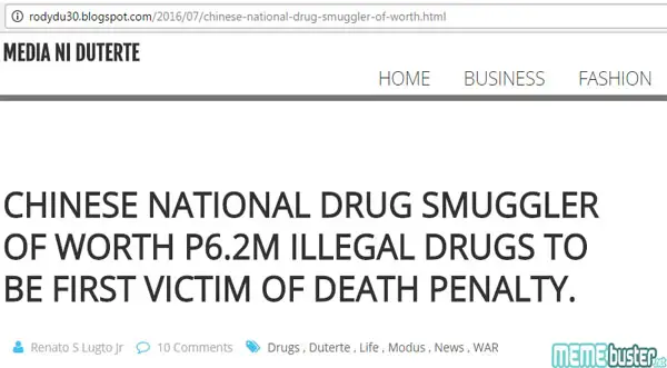 Chinese National Drug Smuggler First Death Penalty