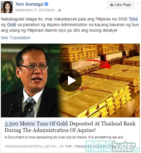 Aquino Depositing Gold in Thailand