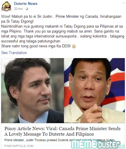 Canadian PM Trudeau to Duterte