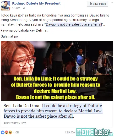 De Lima Denies Davao Bombing