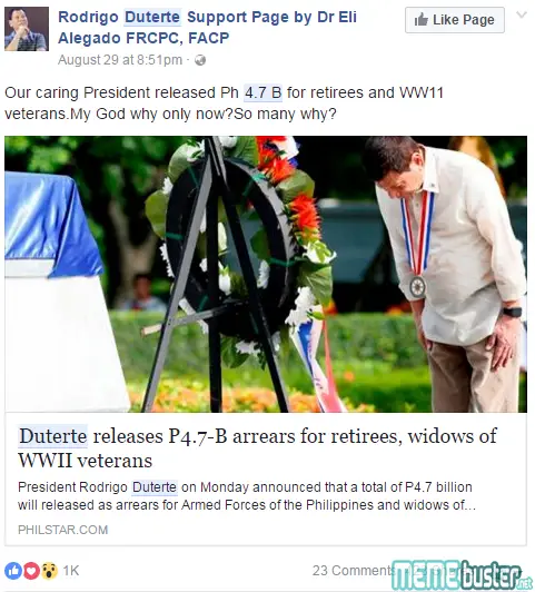 Duterte Release Benefits for Veterans