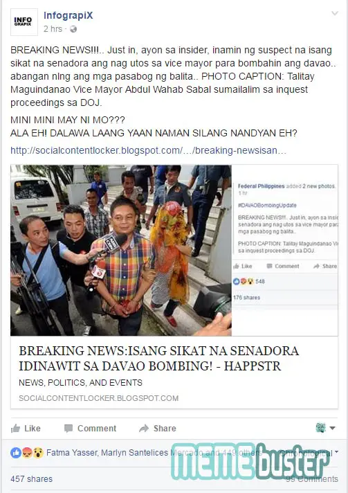 Hoax alert: Duterte FB pages claim ‘famous’ female senator mastermind in Davao blast? It’s unverified news!