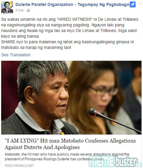 Matobato Apologized to Duterte