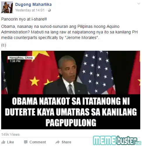 Obama Scared Dutertes Insult