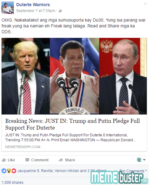 Trump Putin Support Duterte