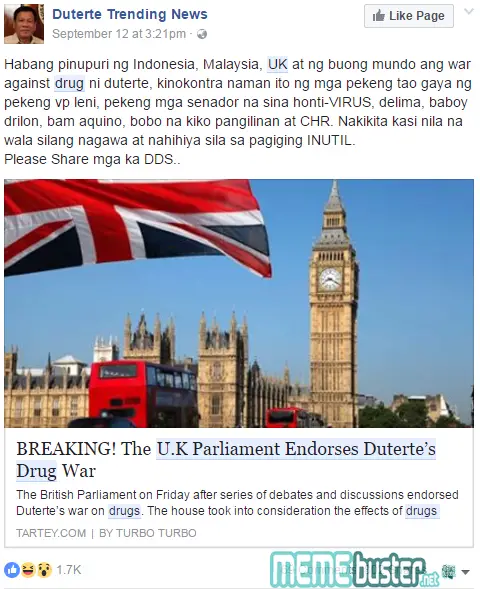 UK Parliament Endorse Duterte