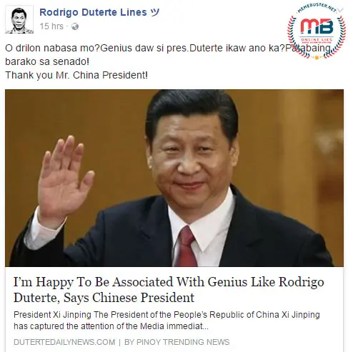 Chinese President call Duterte Genius