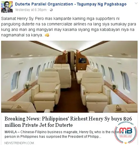 Henry Sy Private Jet Duterte
