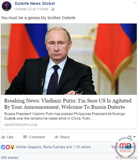 Putin Welcome Duterte to Russia