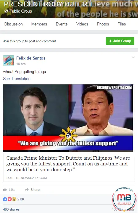 Trudeau Gives Fullest Support Duterte