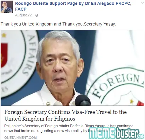 Yasay Confirm Visa Free Travel