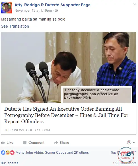 Duterte Issuing EO Ban Pornography