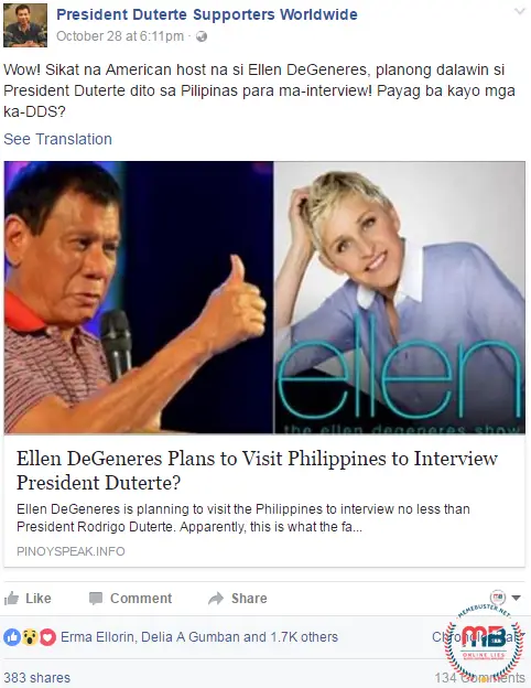Ellen DeGeneres to Interview Duterte