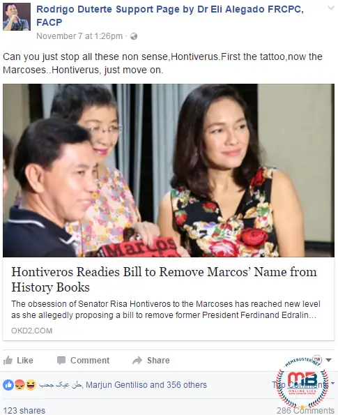 Hontiveros to Remove Marcos Name