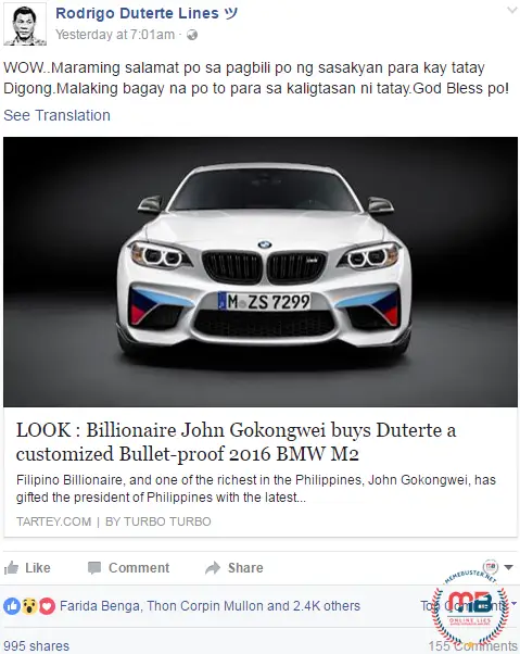  John Gokongwei Buying Duterte Bulletproof Car
