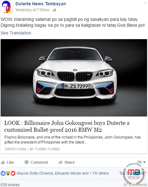  John Gokongwei Buying Duterte Bulletproof Car