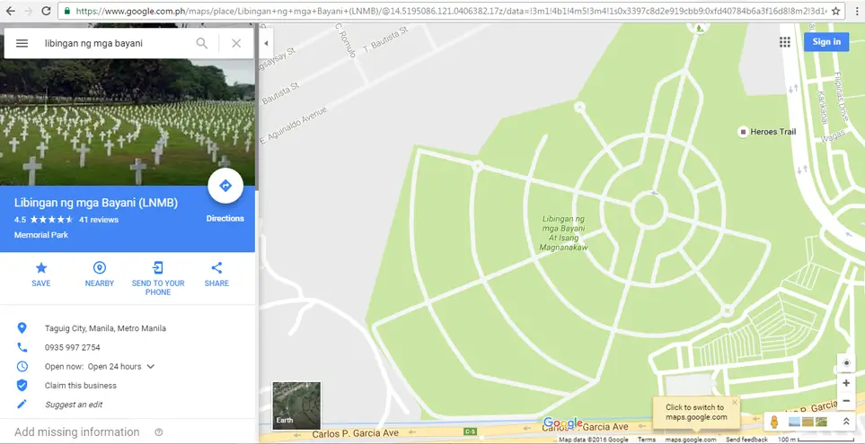 Libingan ng Mga Bayani Google Maps
