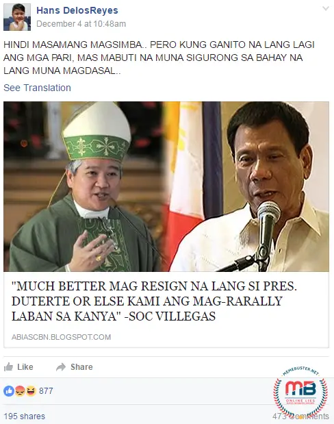 Archbishop ask Duterte to Resign