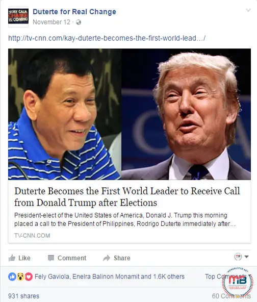 Duterte First World Leader Trump Called