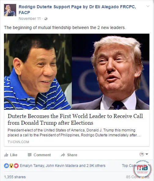 Duterte First World Leader Trump Called