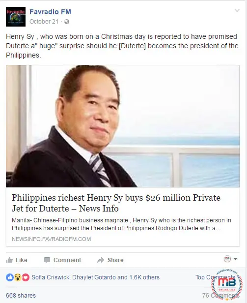 Duterte Henry Sy Private Jet Gift
