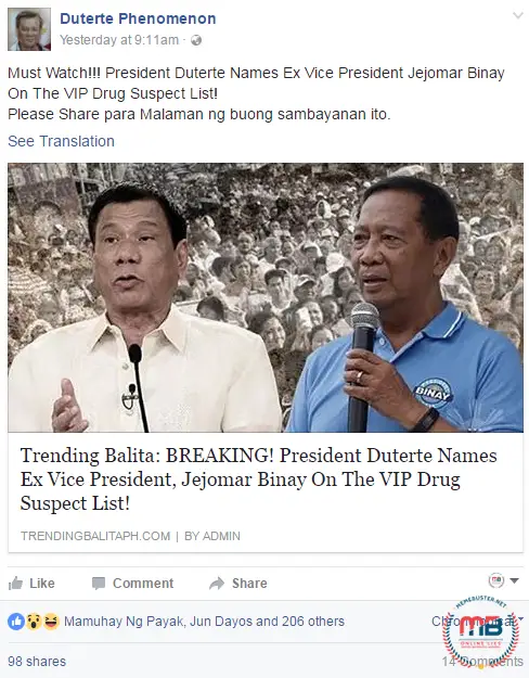 Duterte Named Binay VIP Drug Suspect