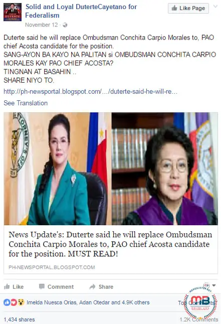 Duterte Replace Ombudsman Morales with Acosta