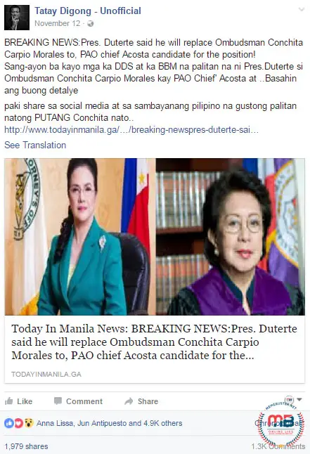 Duterte Replace Ombudsman Morales with Acosta