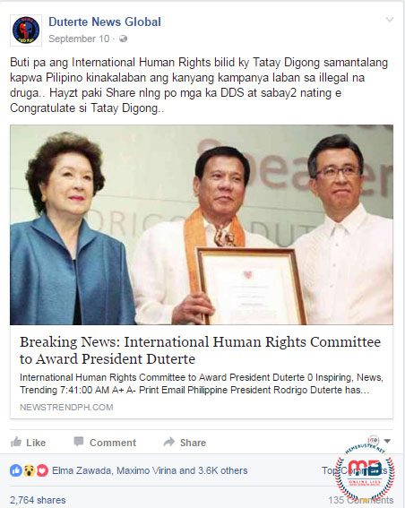 International Human Rights Award Duterte