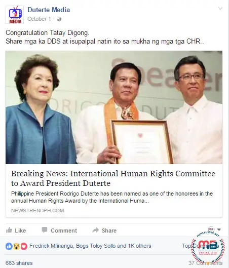 International Human Rights Award Duterte