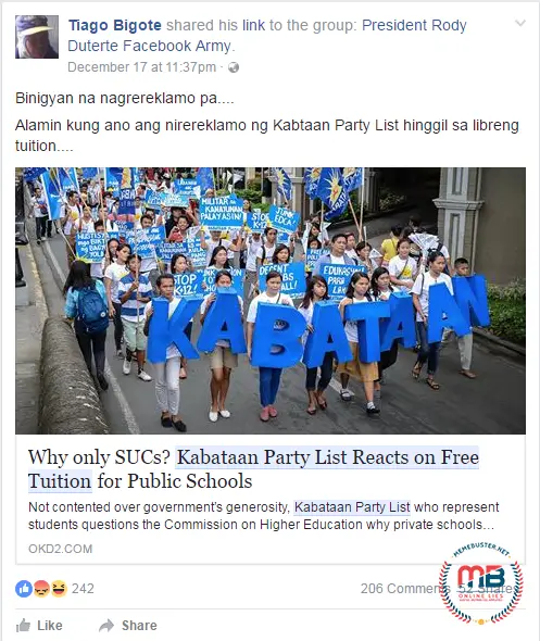 Kabataan party-list complaining about why free tuition