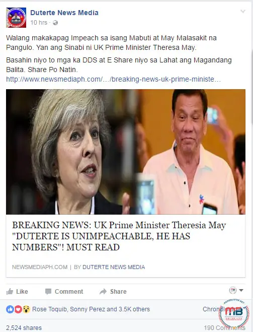 Prime Minister Theresa May Duterte Unimpeachable