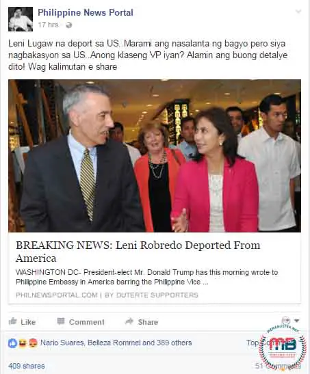 Robredo Deported from The US