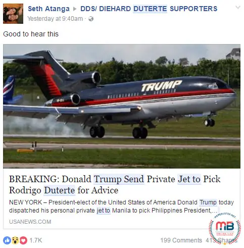 Trump Private Jet Fetch Duterte