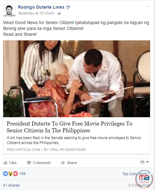 Duterte Senior Citizens Free Movie Privileges