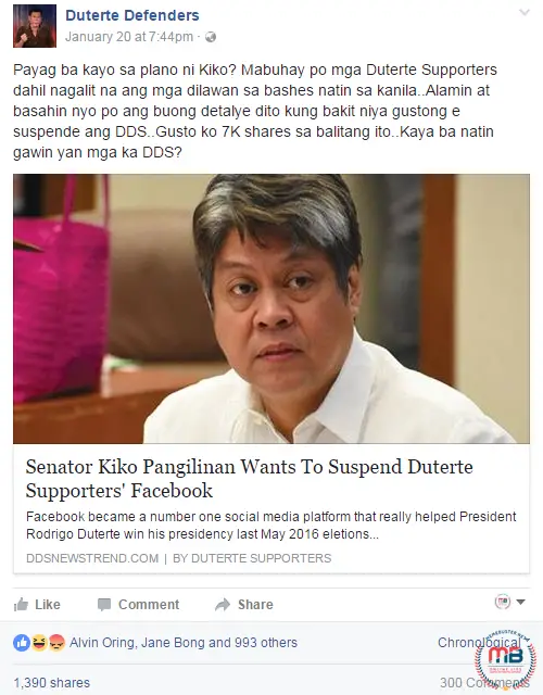 Pangilinan to Suspend Duterte Supporters
