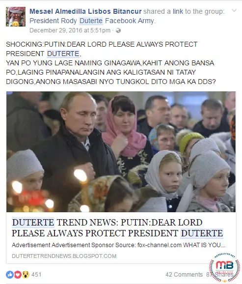 Putin Prayed for Dutertes Protection