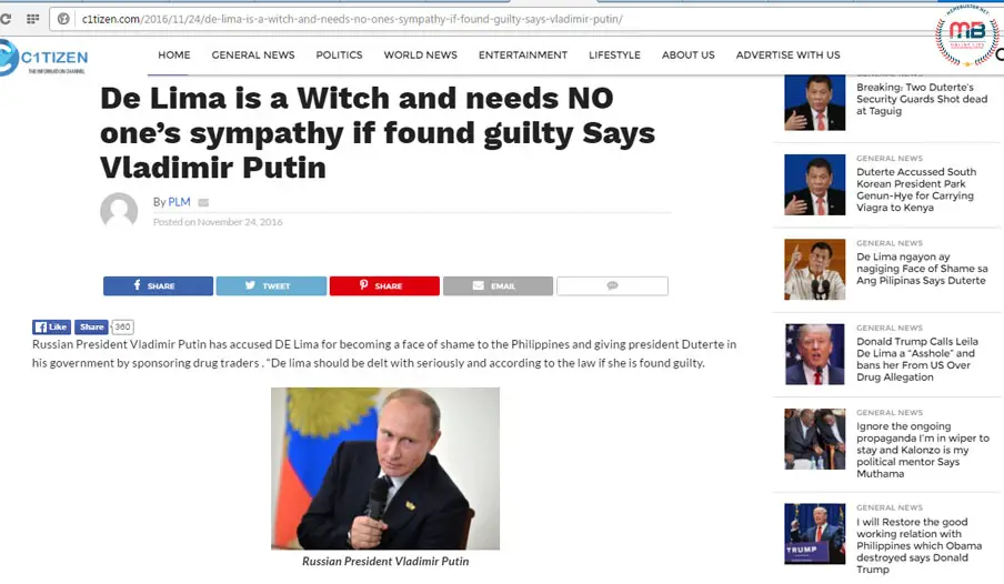 Putin called De Lima Witch