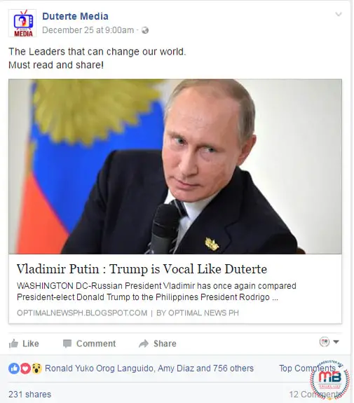 Putin compared Trump to Duterte