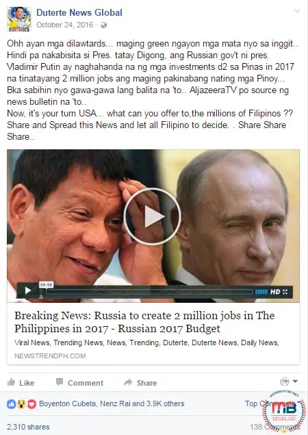 Russia Budget Include Jobs in PH
