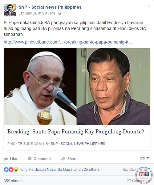 Santo Papa Pumanig kay Duterte