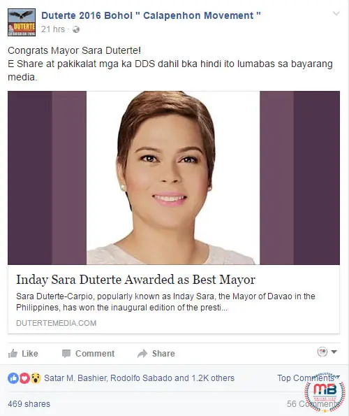 Sara Duterte Awarded Best Mayor