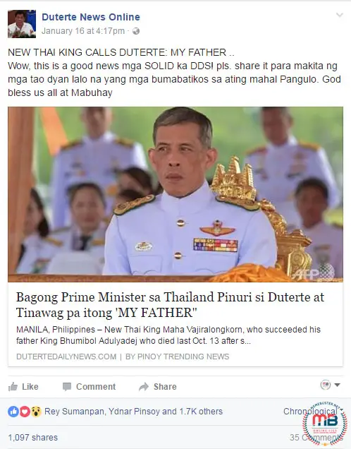 Thai Prime Minister Pinuri si Duterte