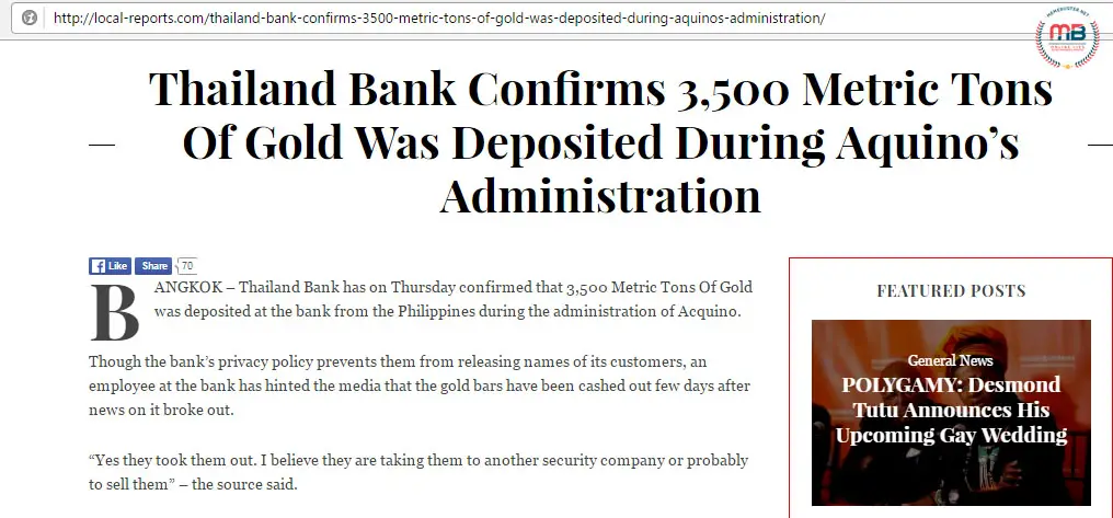 Thailand Bank Gold Deposited Aquino Administration