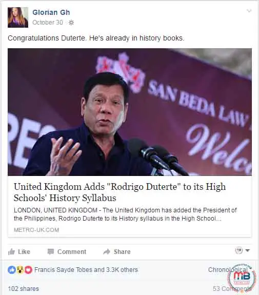 UK Adds Duterte History Syllabus